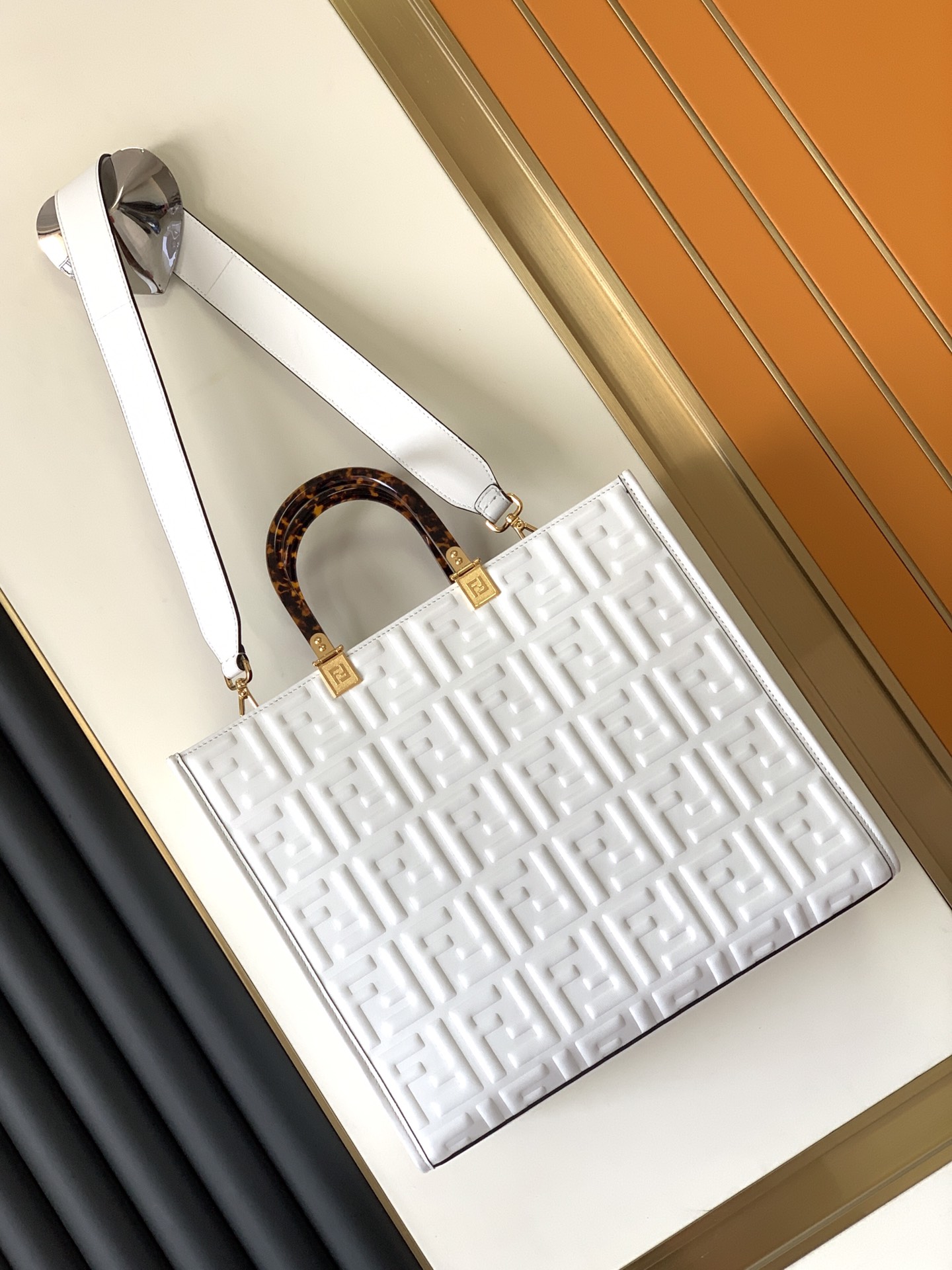 Fendi Medium Sunshine Shopper White Leather with Raised 3D-texture FF Motif 